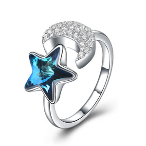 Sterling Silver Blue Austrian & Moon Adjustable Ring