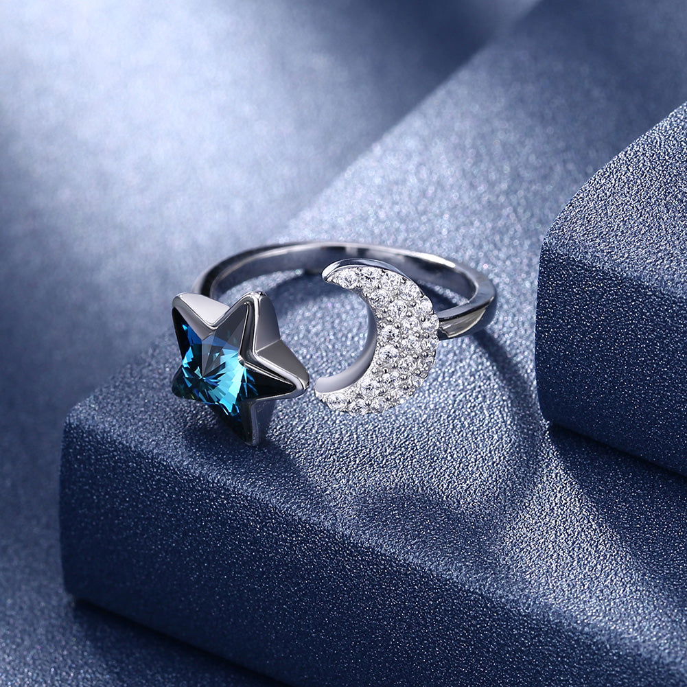 Sterling Silver Blue Swarovski & Moon Adjustable Ring