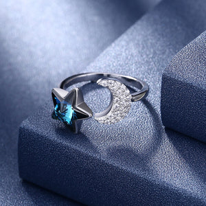 Sterling Silver Blue Austrian & Moon Adjustable Ring