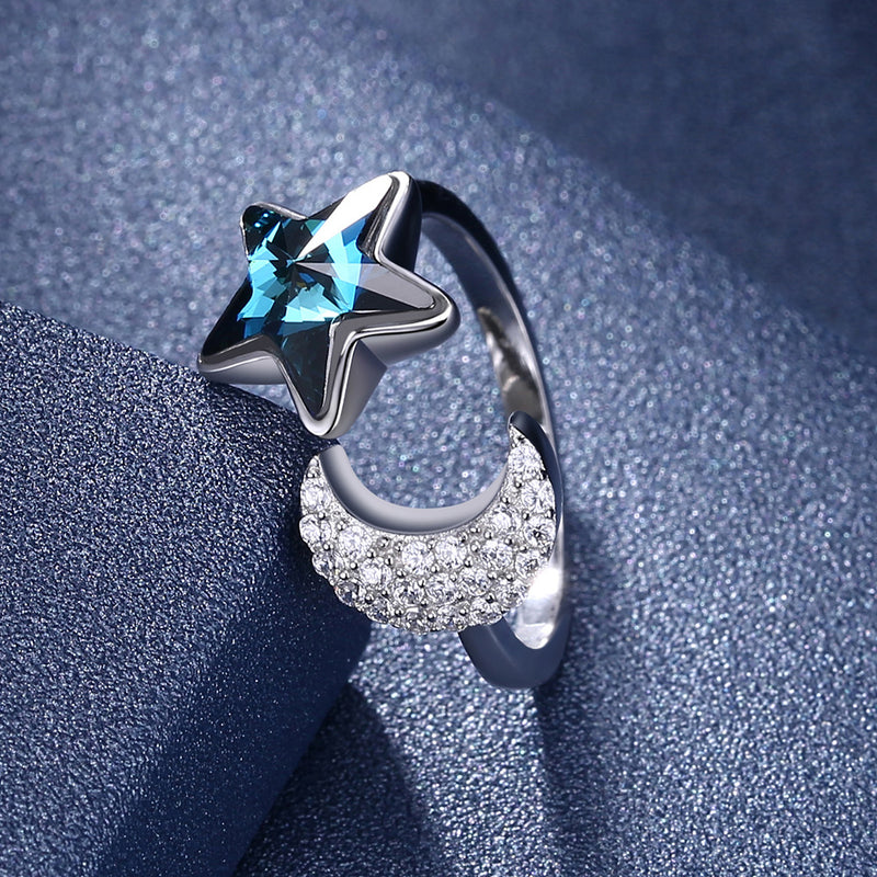 Sterling Silver Blue Swarovski & Moon Adjustable Ring