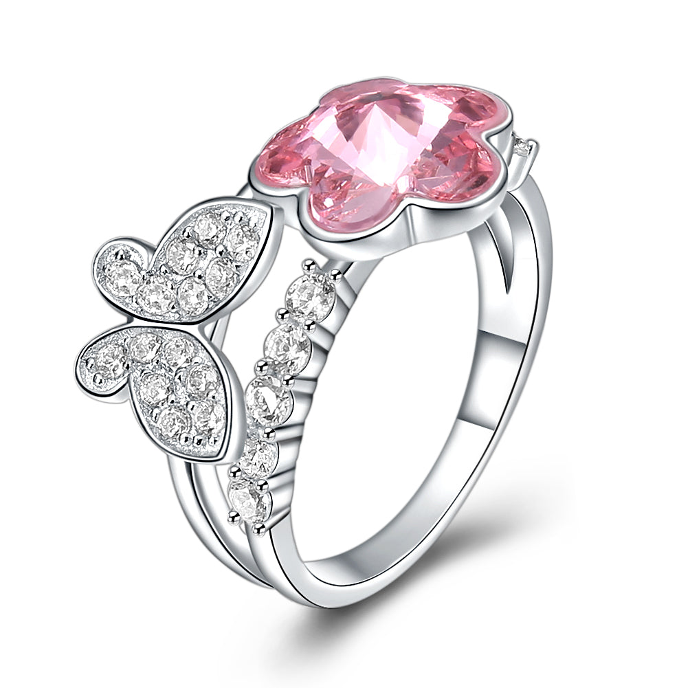 Sterling Silver Pink Swarovski & Butterfly Ring