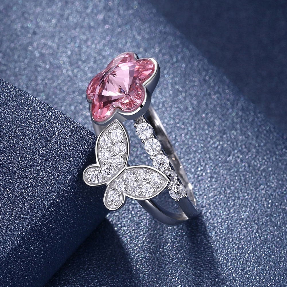 Sterling Silver Pink Austrian & Butterfly Ring