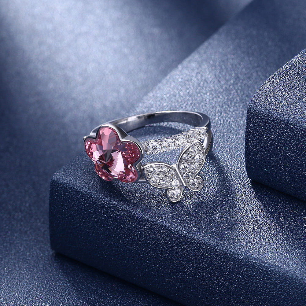 Sterling Silver Pink Swarovski & Butterfly Ring