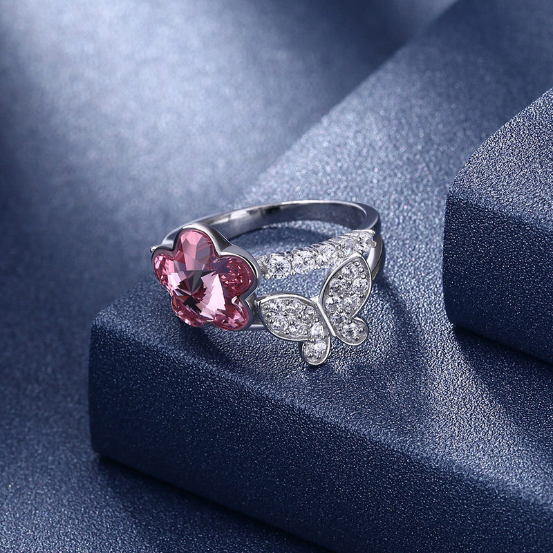 Sterling Silver Pink Swarovski & Butterfly Ring