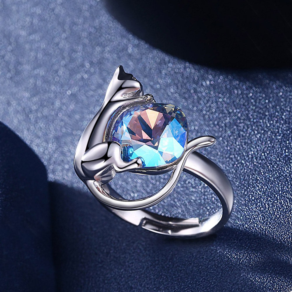 Sterling Silver Blue Austrian Crystal Cat Ring
