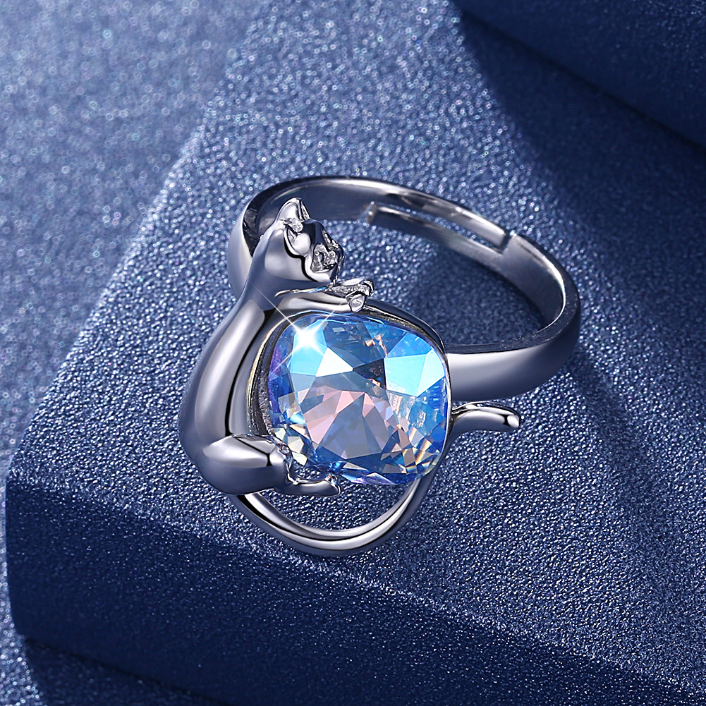 Sterling Silver Blue Swarovski Crystal Cat Ring