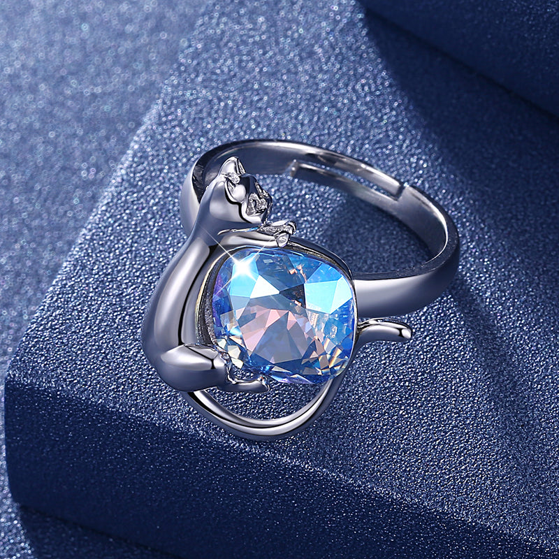 Sterling Silver Blue Swarovski Crystal Cat Ring