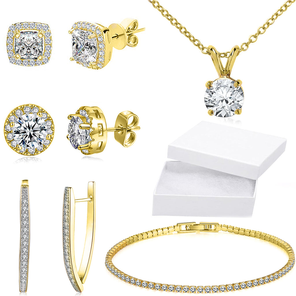 10Ct Tennis Bracelet + Halo Earring+ Necklace With  Crystals - 5 Piece Set with Luxe Box - 18K Gold