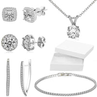 10Ct Tennis Bracelet + Halo Earring+ Necklace With Crystals - 5 Piece Set with Luxe Box - 18K White Gold