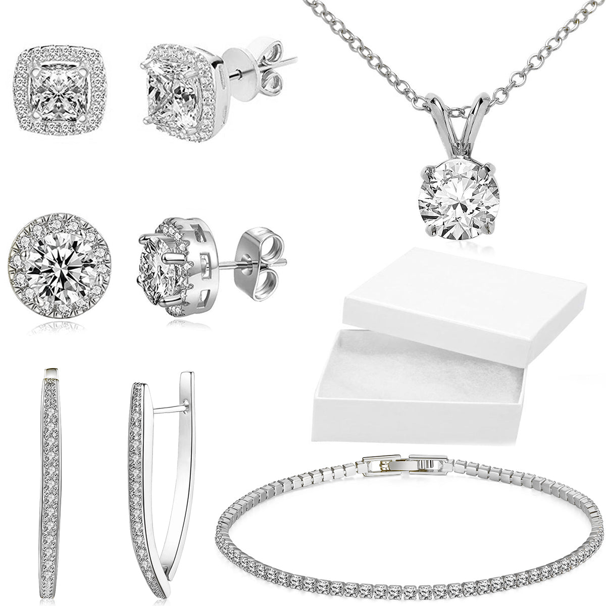 10Ct Tennis Bracelet + Halo Earring+ Necklace With Crystals - 5 Piece Set with Luxe Box - 18K White Gold