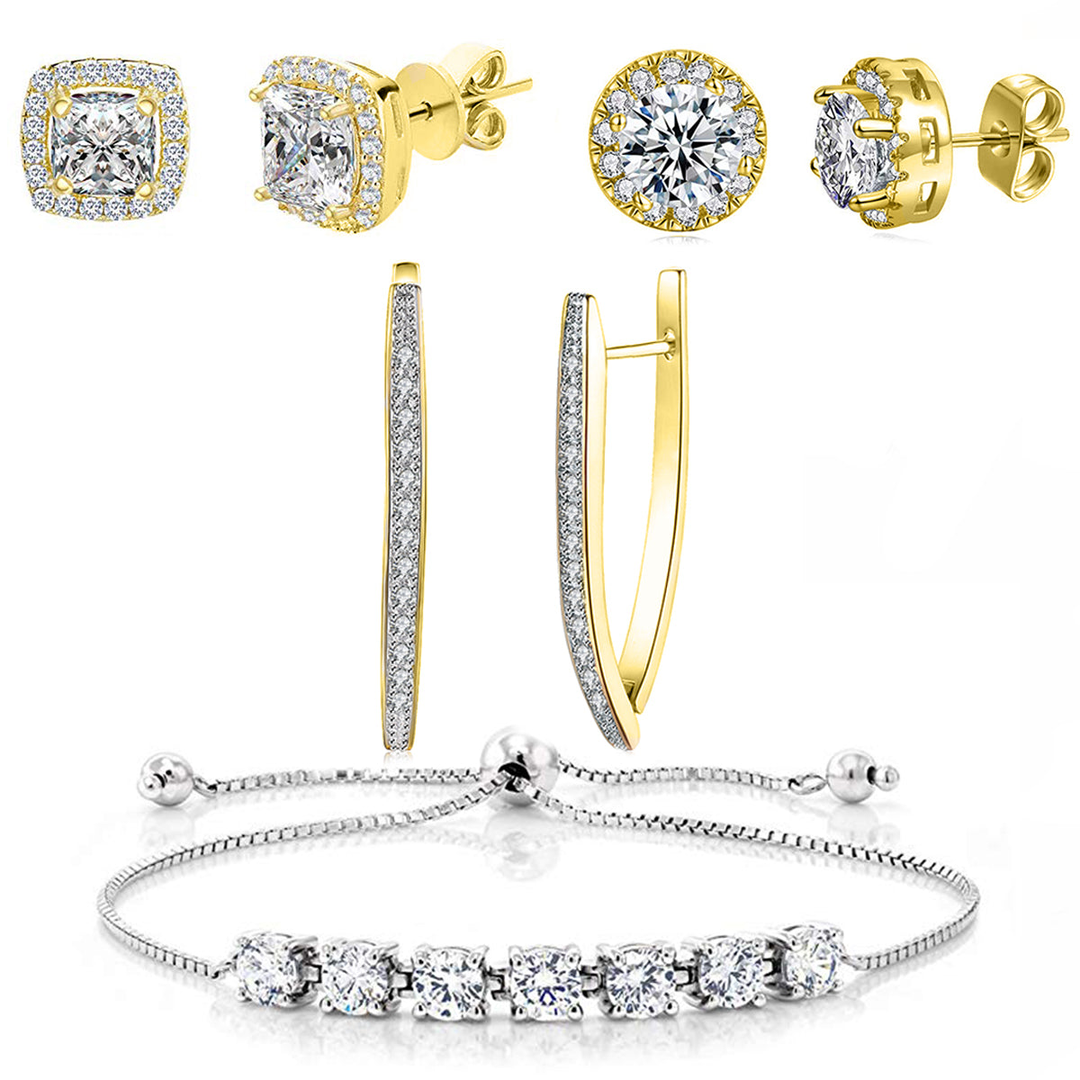 Halo Stud Earring with Adjustable Tennis Bracelet made With Swarovski Crystals with Luxe Box - 18K Gold