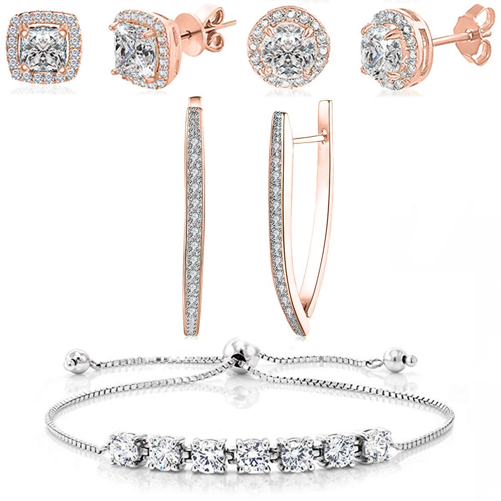 4 Piece Set: Halo Earrings Hoop and Bracelet with Gift Box