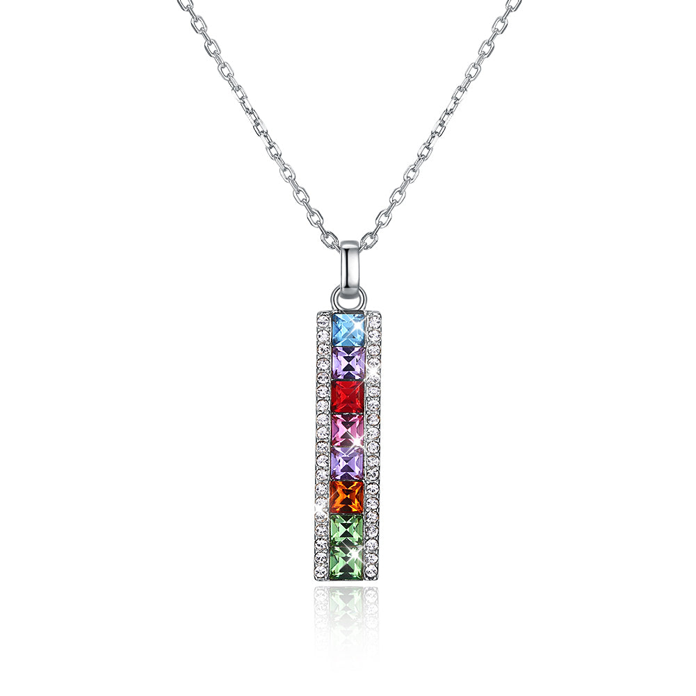 Rainbow Drop Bar Sterling Silver Austrian Crystal Necklace