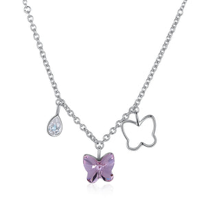 Pink Butterfly Stone Sterling Silver Austrian Crystal Necklace