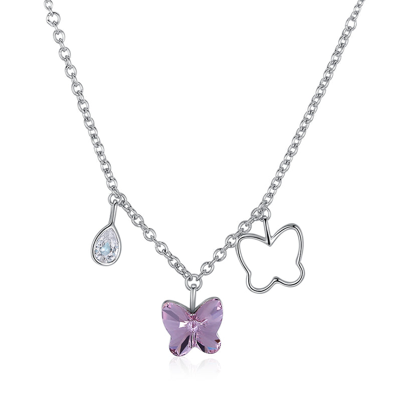 Pink Butterfly Stone Sterling Silver Austrian Crystal Necklace