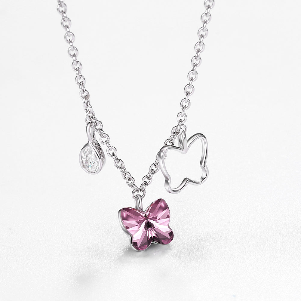 Pink Butterfly Stone Sterling Silver Swarovski Crystal Necklace