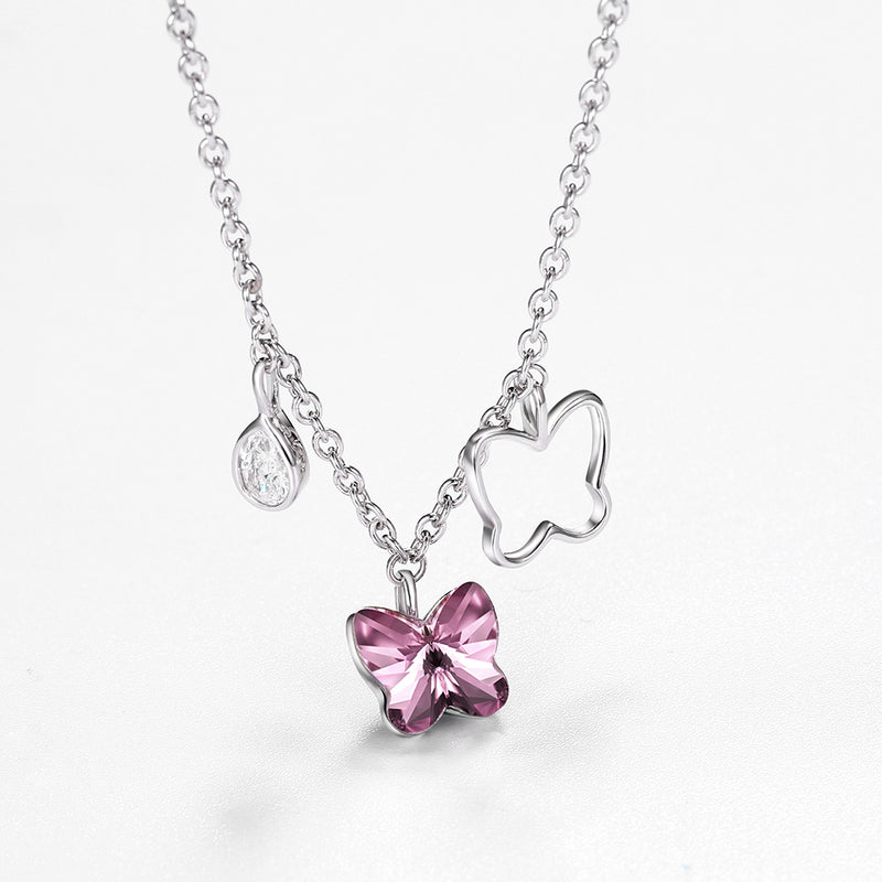 Pink Butterfly Stone Sterling Silver Swarovski Crystal Necklace