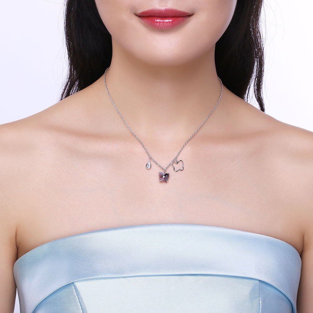 Pink Butterfly Stone Sterling Silver Swarovski Crystal Necklace