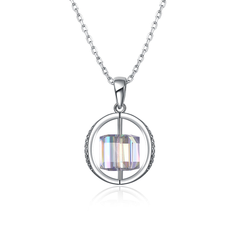 2.00 CT Aurora Borealis Swarovski Crystals Sterling Silver Flying Spinning Cube Necklace, Necklaces, Golden NYC Jewelry, Golden NYC Jewelry  jewelryjewelry deals, swarovski crystal jewelry, groupon jewelry,, jewelry for mom,