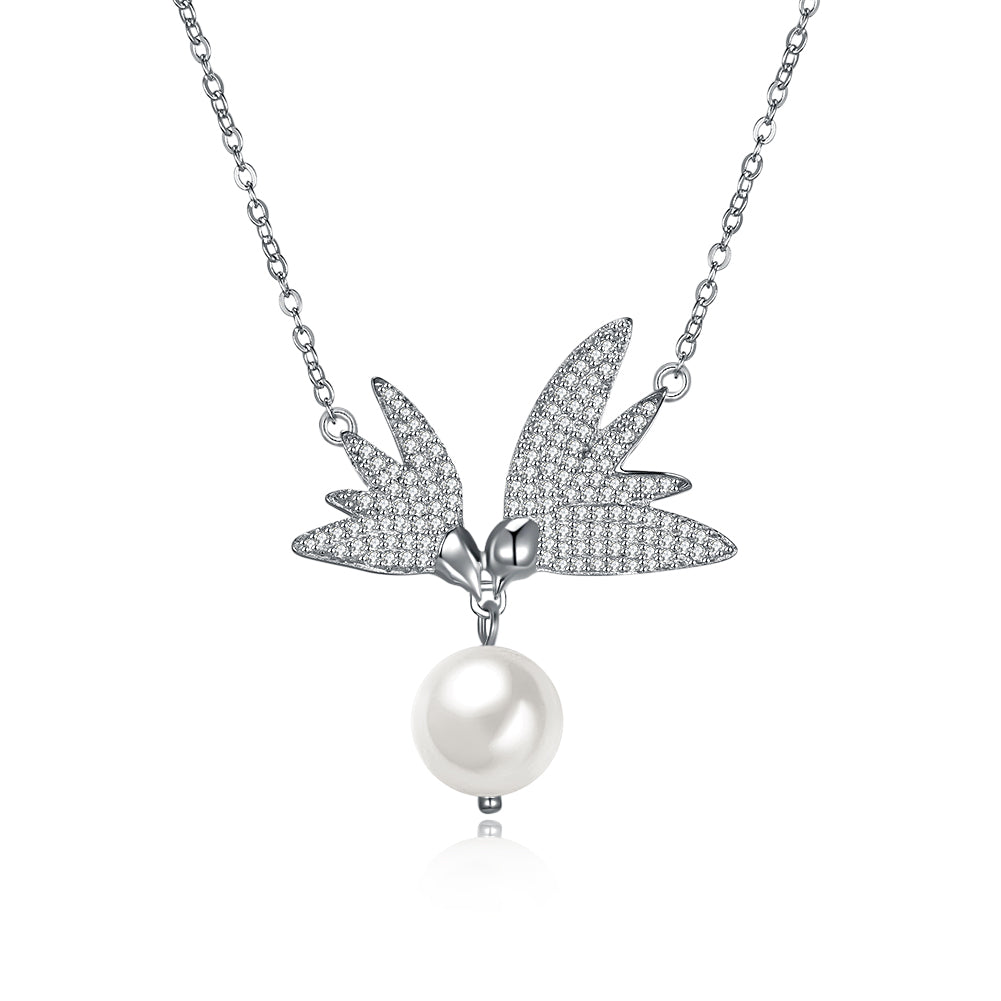 Pave Swarovski Crystals Sterling Silver Flying Wings Pearl Necklace