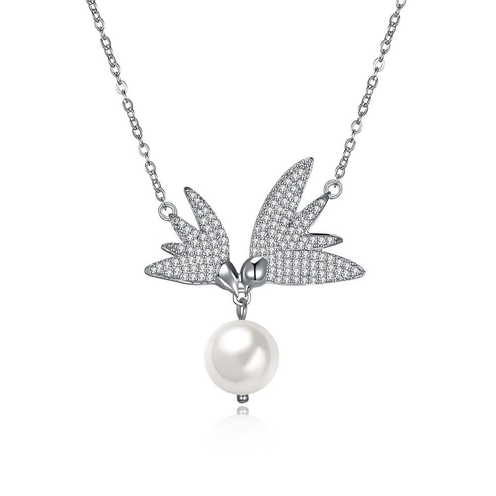 Pave  Austrian Crystals Sterling Silver Flying Wings Pearl Necklace