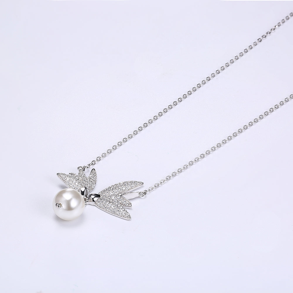 Pave Swarovski Crystals Sterling Silver Flying Wings Pearl Necklace