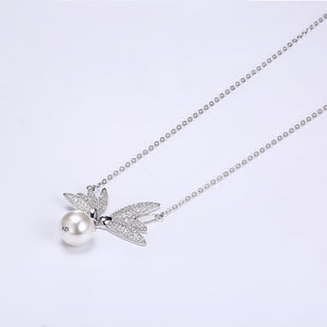 Pave  Austrian Crystals Sterling Silver Flying Wings Pearl Necklace