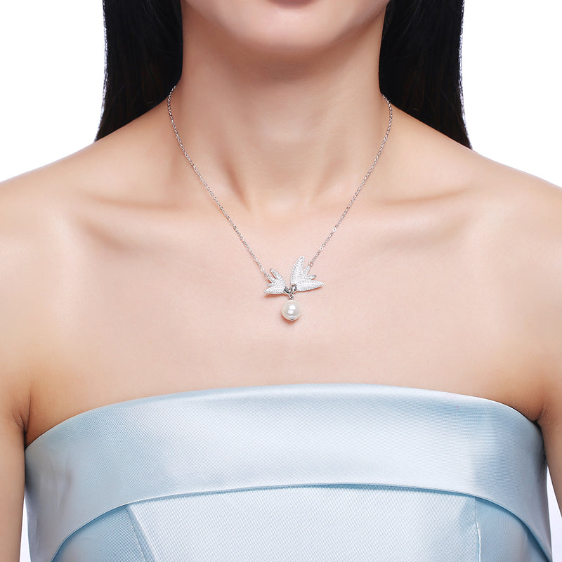 Pave Swarovski Crystals Sterling Silver Flying Wings Pearl Necklace