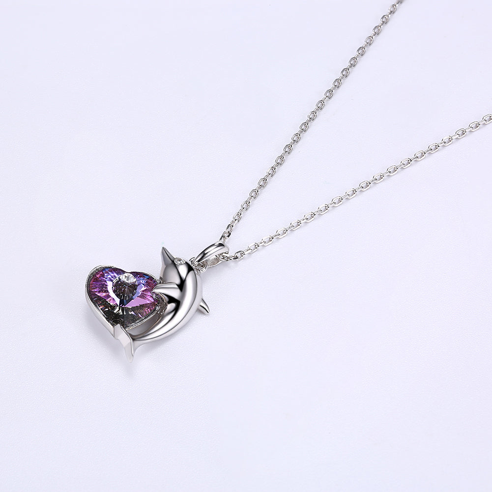 Purple Heart Dolphin Necklace in Sterling Silver with Swarovski Crystal