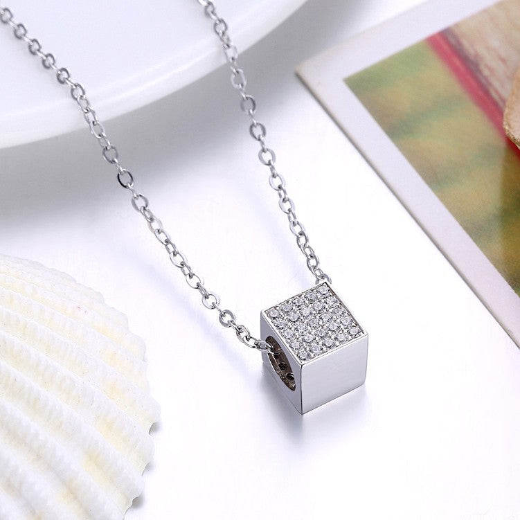 Swarovski Crystal 18K White Gold over Sterling Silver Pave Rectangle Necklace - Golden NYC Jewelry