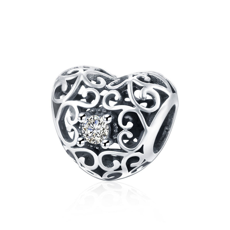 Sterling Silver Laser Cut Filigree Stone Hearts Charm - Golden NYC Jewelry