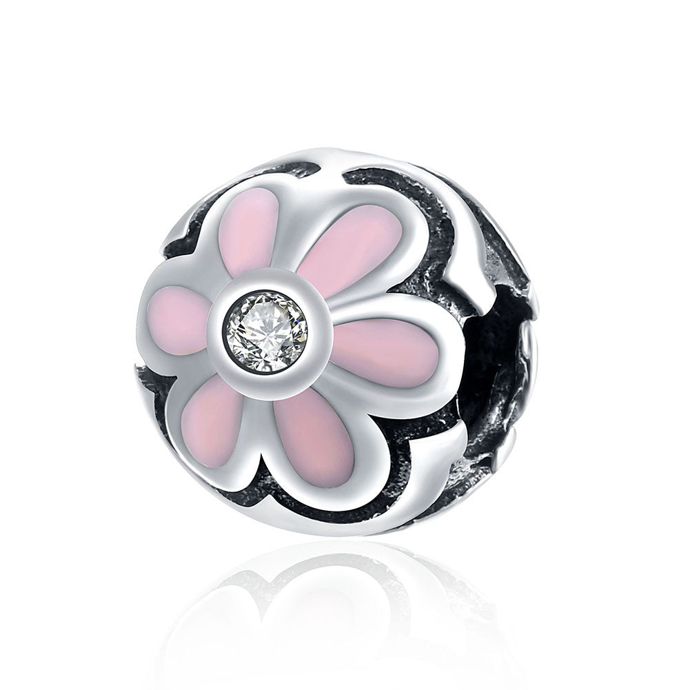 Sterling Silver Large Pink Daisy with CZ Stone Charm - Golden NYC Jewelry