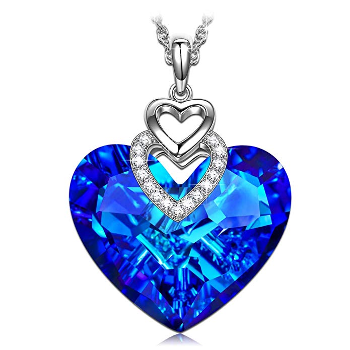 Austrian Crystals Bermuda Blue Pave Heart Drop  Necklace