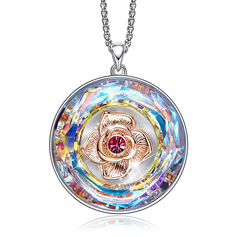 Austrian Crystals Rainbow of the World Disc with Rose Necklace