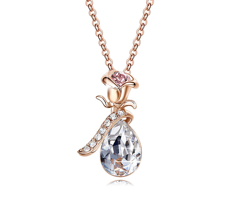 Austrian Crystals White Topaz Waterdrop with Pink Topaz Rose  Necklace