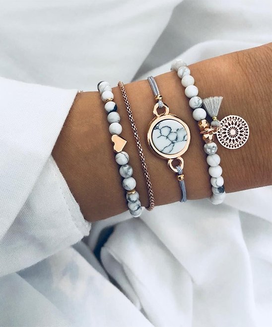 White & Goldstone Faux Marble Beaded Stretch Swarovski Bracelet Set